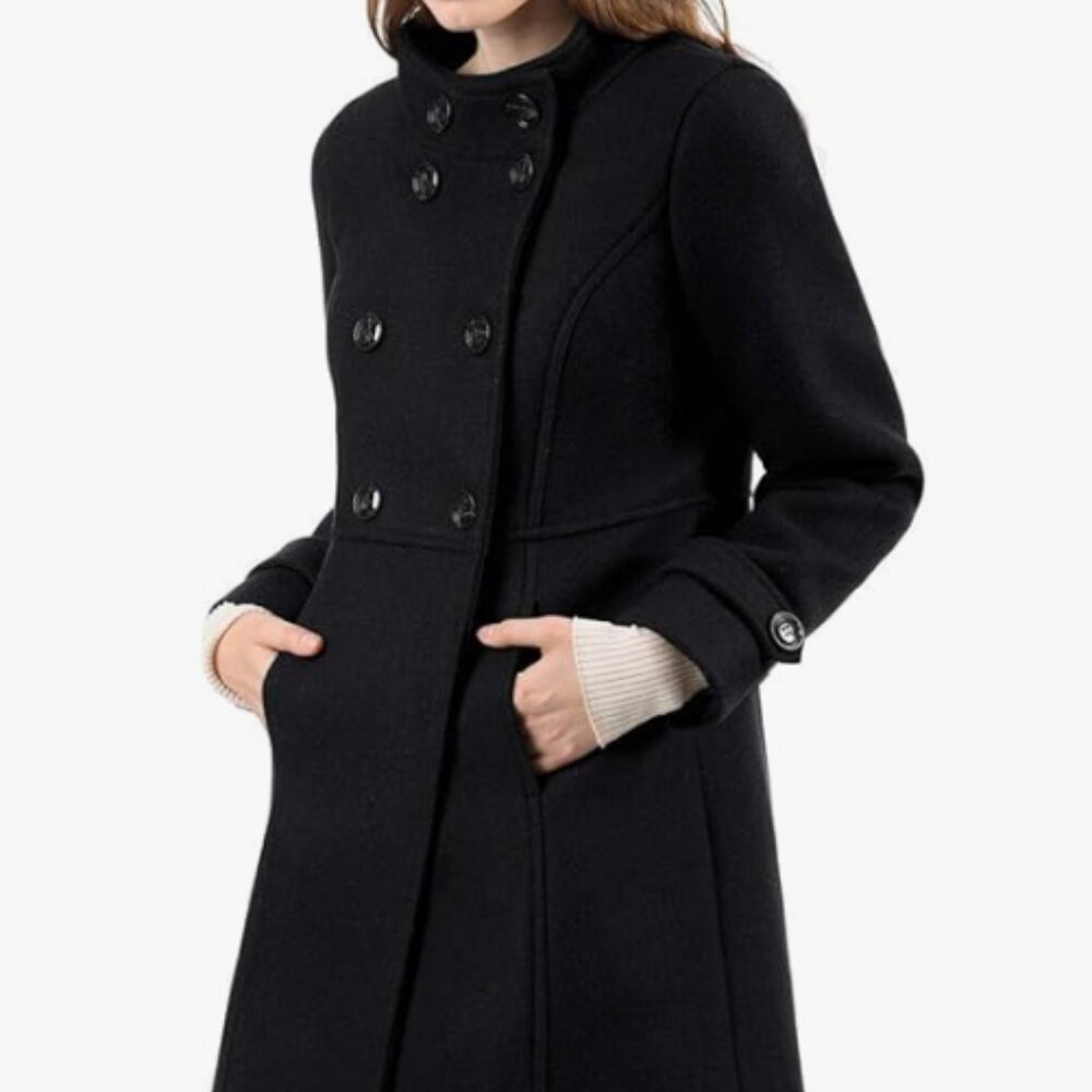 Allegra K Women's Stand Collar Double Breasted Slant Pockets Coat - Medium